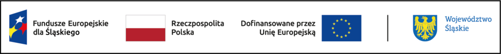 Ciąg 4 logotypów projektowych. Od lewej: znak Fundusze Europejskie dla Śląskiego, znak Rzeczpospolita Polska, znak Dofinansowane przez Unię Europejską, znak Województwo Śląskie